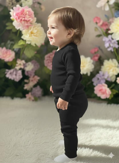 The "Flora" Long-Sleeve Smocked Dress – Soft Black Cotton with Solid