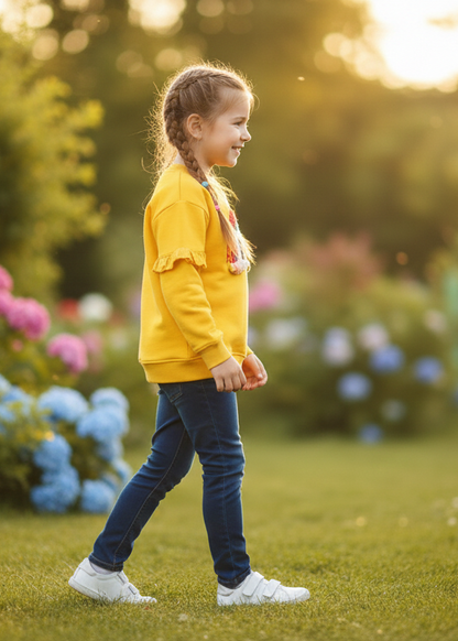 Sweet Kids' Mustard Yellow Sweatshirt with Textured Rainbow Appliqué