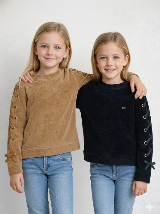 Pampolina Girls' Rib-Knit Long Sleeve Top with Lace-Up Sleeve Detail & Bows