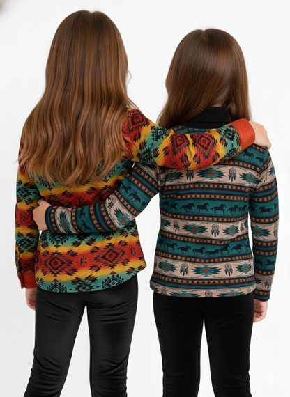 Girls' Western Southwest Collection | Aztec Print Button-Down & Horse Motif Mock Neck Set
