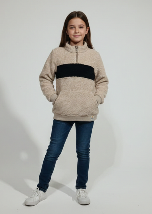 Cozy Kids' Half-Zip Polar Pullover with Pink and Black Color Block