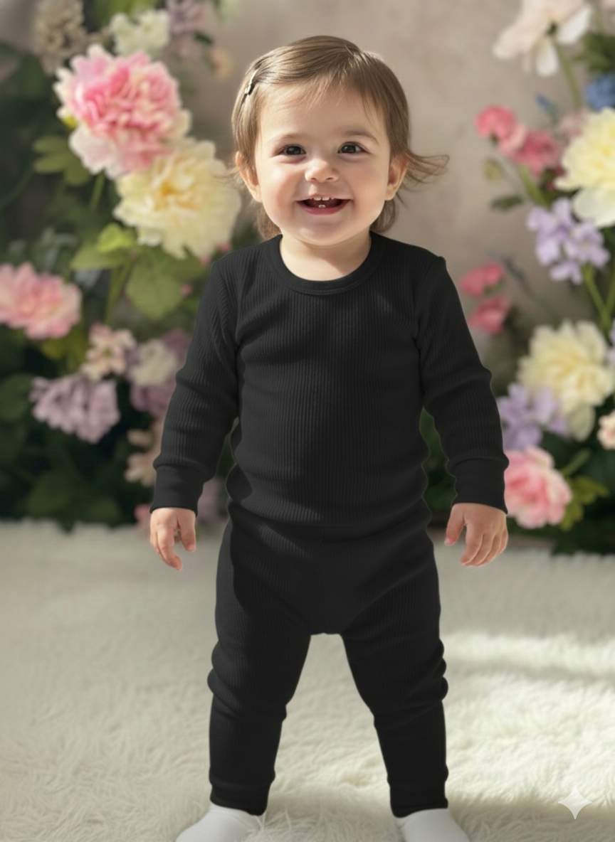 The "Flora" Long-Sleeve Smocked Dress – Soft Black Cotton with Solid
