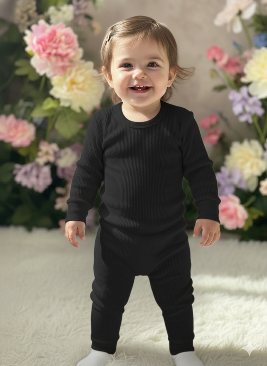 The "Flora" Long-Sleeve Smocked Dress – Soft Black Cotton with Solid