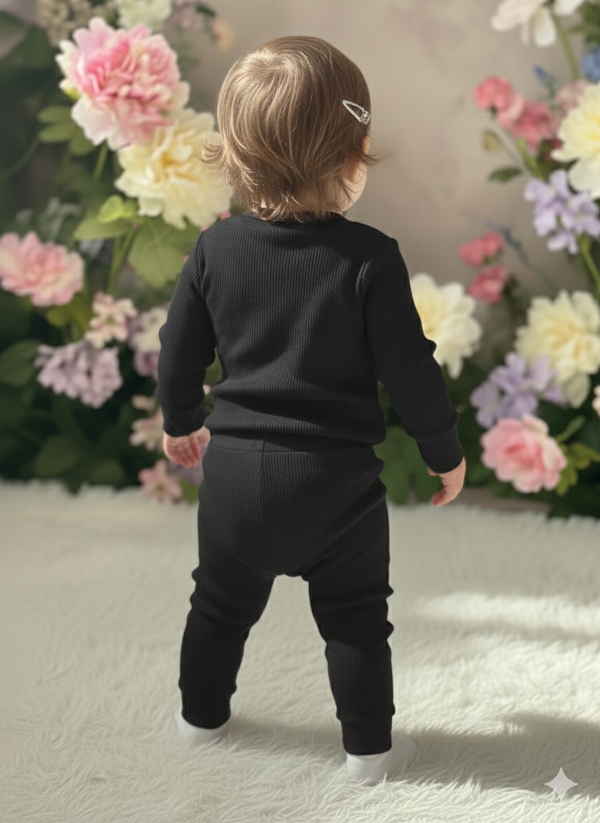 The "Flora" Long-Sleeve Smocked Dress – Soft Black Cotton with Solid