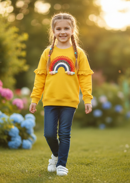Sweet Kids' Mustard Yellow Sweatshirt with Textured Rainbow Appliqué