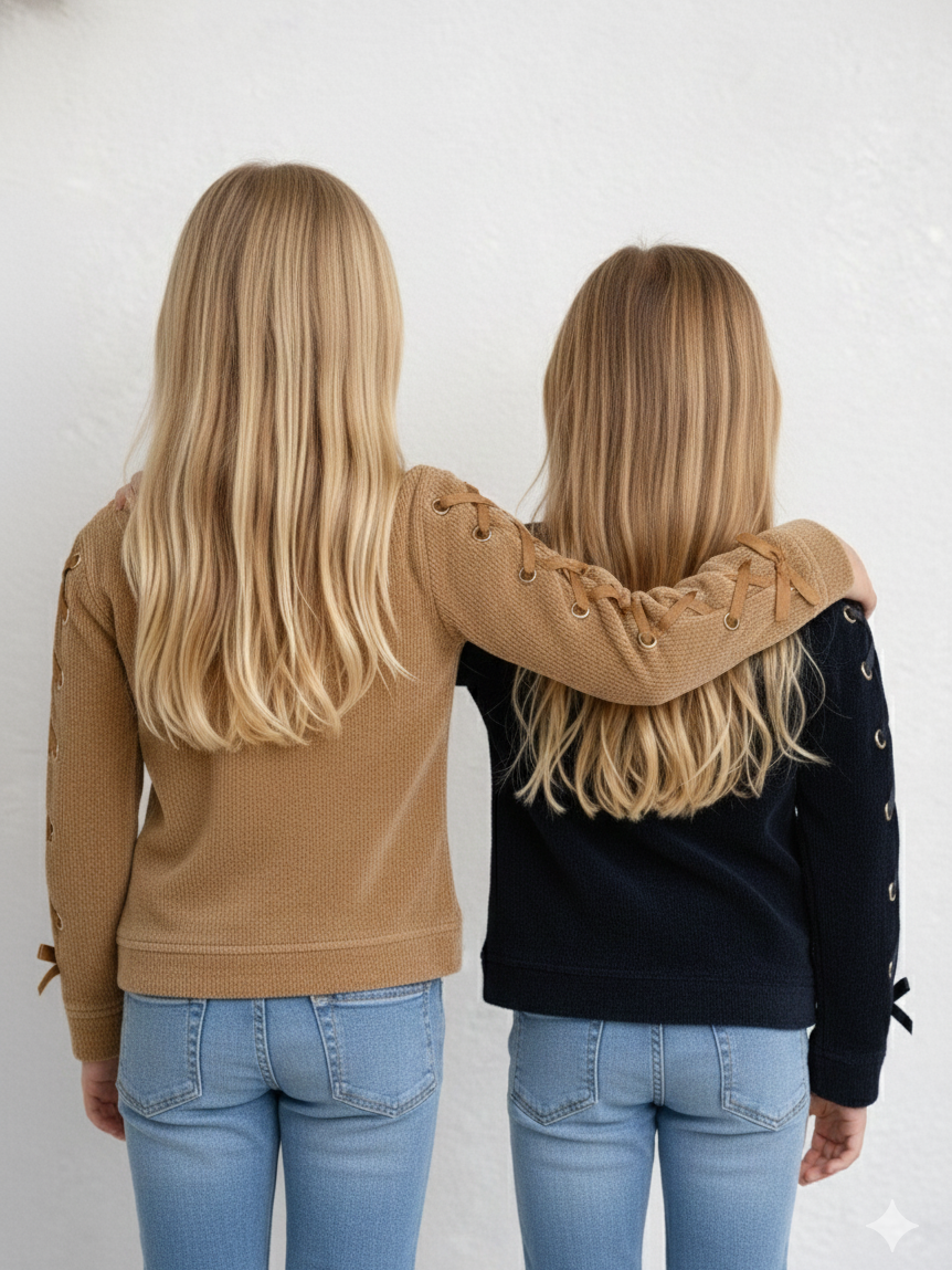 Pampolina Girls' Rib-Knit Long Sleeve Top with Lace-Up Sleeve Detail & Bows