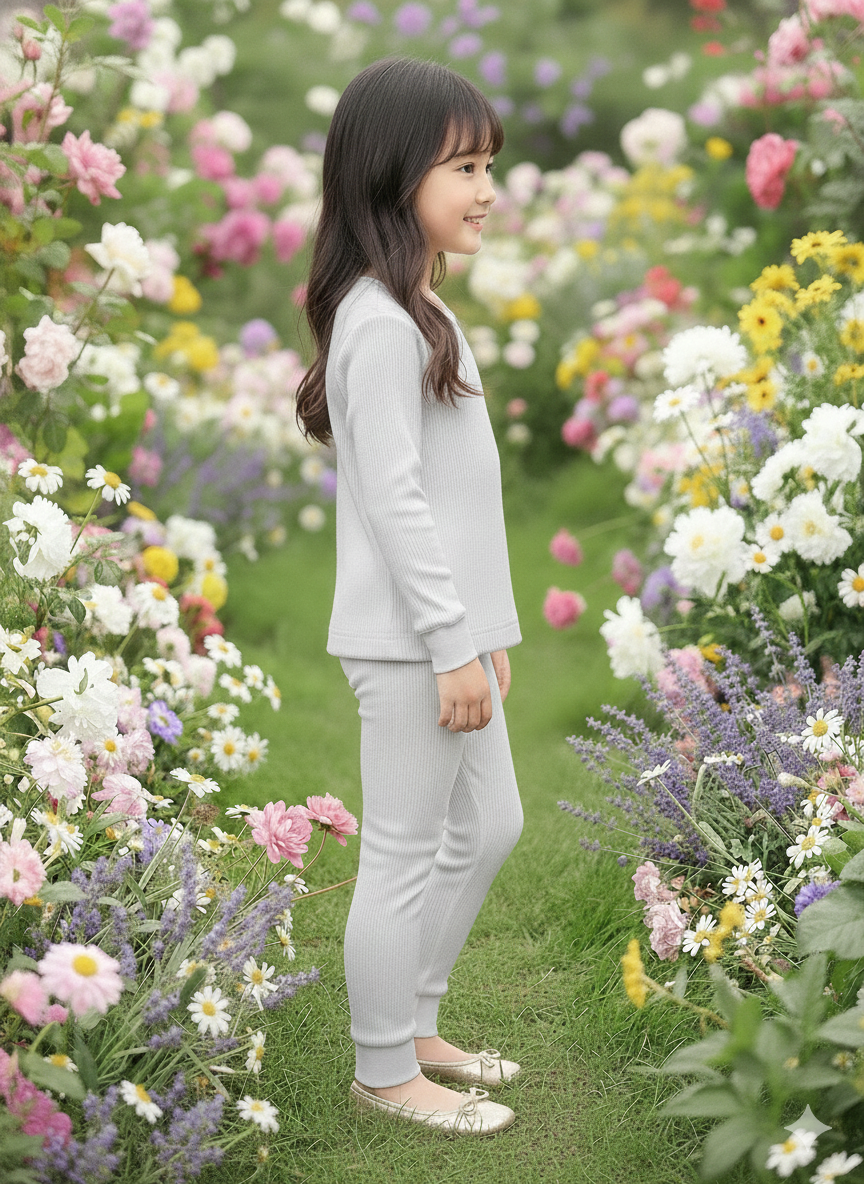 The "Flora" Long-Sleeve Smocked Thermal – Soft Grey Cotton with Solid