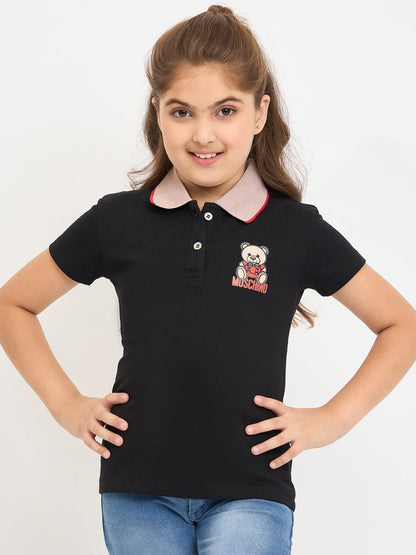 Pampolina Girls Printed Half Sleeve Collar Neck T-Shirt-Black