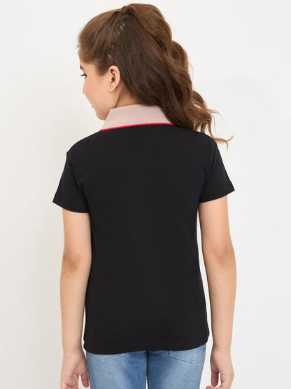 Pampolina Girls Printed Half Sleeve Collar Neck T-Shirt-Black