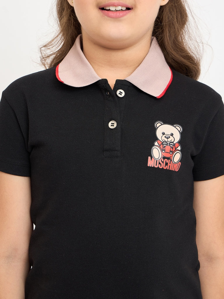 Pampolina Girls Printed Half Sleeve Collar Neck T-Shirt-Black