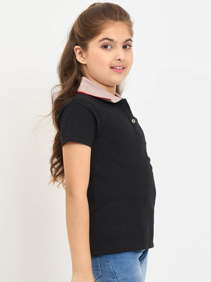 Pampolina Girls Printed Half Sleeve Collar Neck T-Shirt-Black
