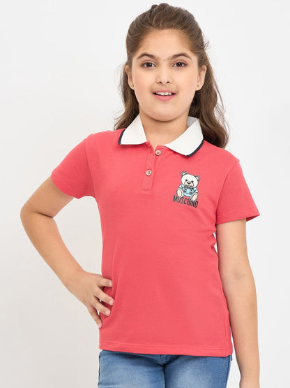 Pampolina Girls Printed Half Sleeve Collar Neck T-Shirt-Coral