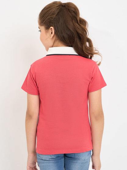 Pampolina Girls Printed Half Sleeve Collar Neck T-Shirt-Coral