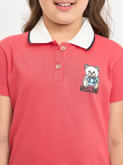 Pampolina Girls Printed Half Sleeve Collar Neck T-Shirt-Coral