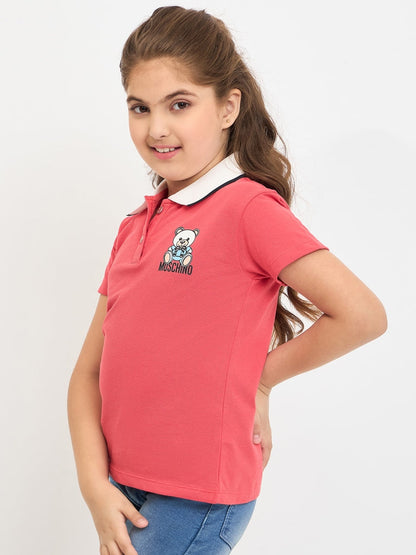 Pampolina Girls Printed Half Sleeve Collar Neck T-Shirt-Coral