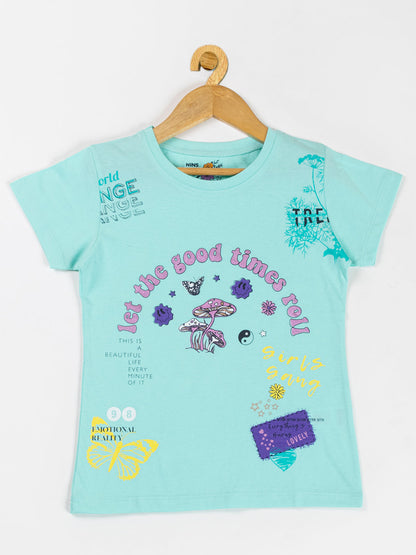 Pampolina Girls Flower Printed Stretchable Top-Sky
