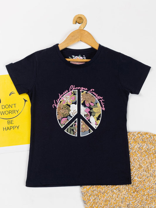 Pampolina Girls Sequined Printed Top-Navy