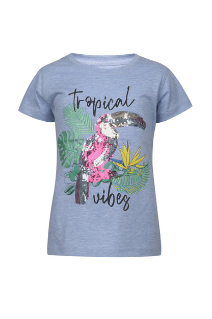 Pampolina Gilrs Squene Printed Floral Top- Sky