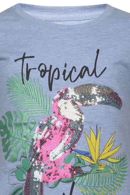Pampolina Gilrs Squene Printed Floral Top- Sky