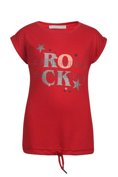 Pampolina Girls Embellished Rock Printed Top- Red