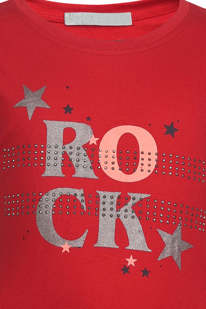 Pampolina Girls Embellished Rock Printed Top- Red
