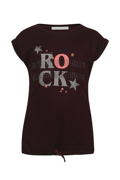 Pampolina Girls Embellished Rock Printed Top- Wine