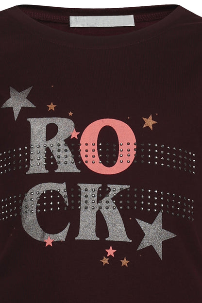 Pampolina Girls Embellished Rock Printed Top- Wine
