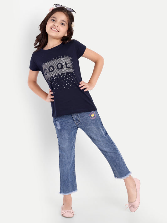 Pampolina  Girls Sequined Printed Top- Navy