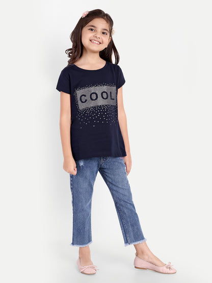Pampolina  Girls Sequined Printed Top- Navy