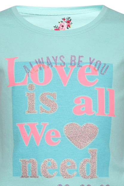 Pampolina Girls  Love Printed Half Sleeve Top- Sky