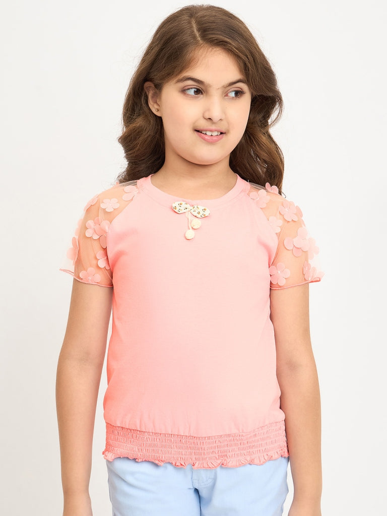 Pampolina Girls Solid Half Sleeve Round Neck Top- Peach