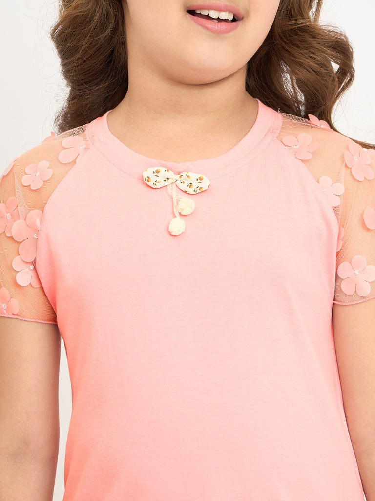 Pampolina Girls Solid Half Sleeve Round Neck Top- Peach