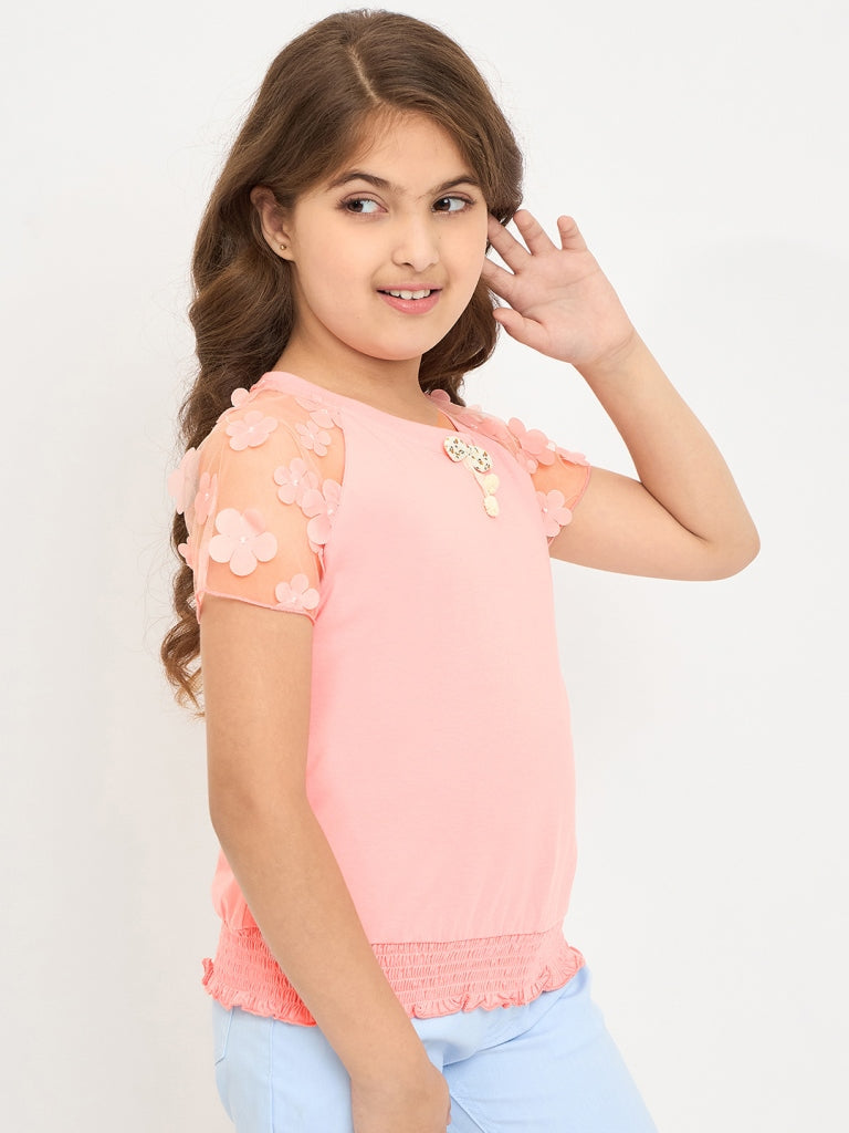 Pampolina Girls Solid Half Sleeve Round Neck Top- Peach