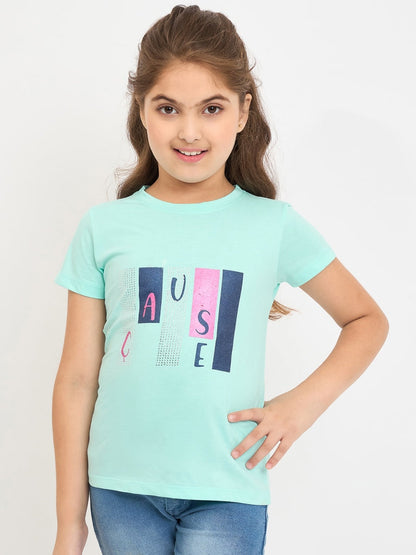 Pampolina Girls Printed Half Sleeve Round Neck Top - Turquise