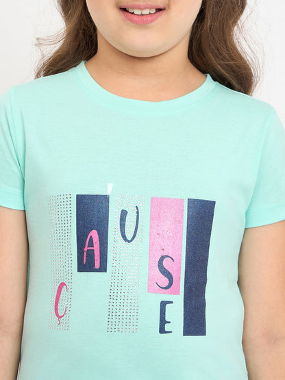 Pampolina Girls Printed Half Sleeve Round Neck Top - Turquise