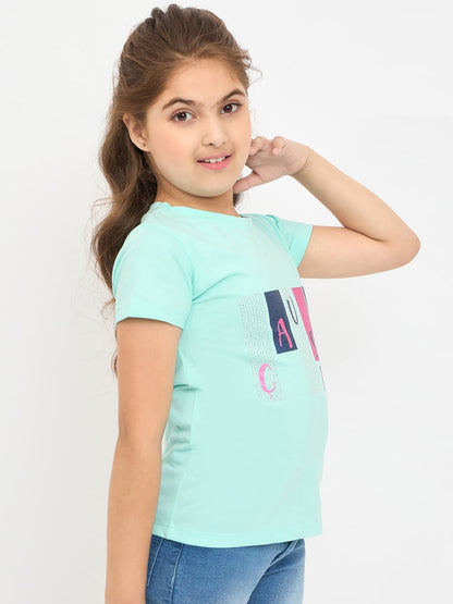 Pampolina Girls Printed Half Sleeve Round Neck Top - Turquise