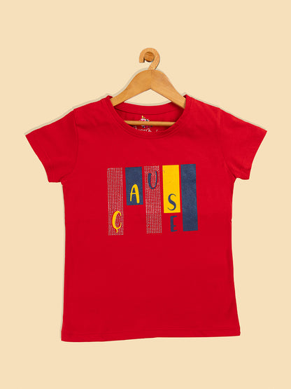 Pampolina Girls Sequin Printed Half Sleeve Top- Red