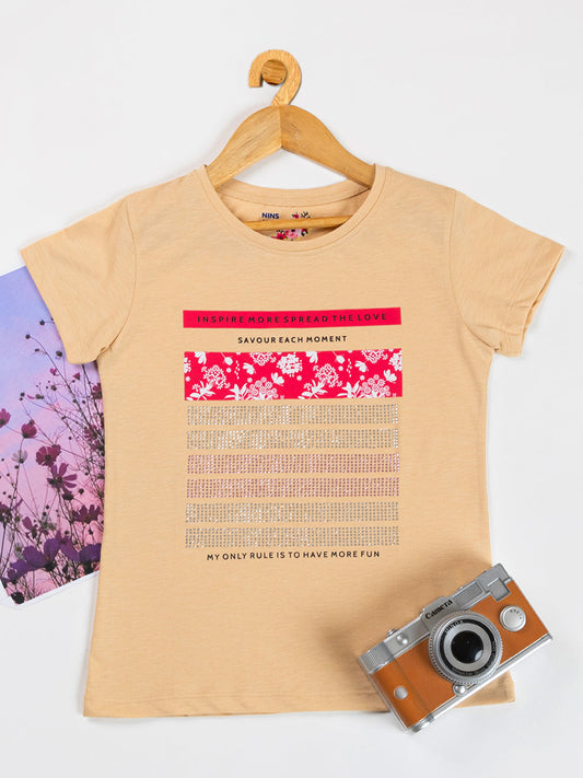 Pampolina Girls Flower Sequin Printed Top -Fawn