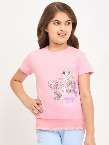 Pampolina Girls Printed Half Sleeve Round Neck Top - Pink
