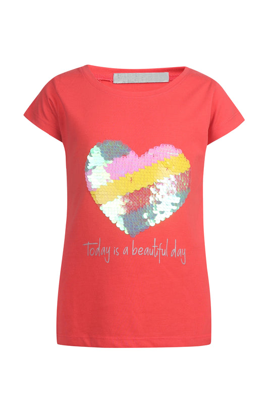 Pampolina Girls Sequined Printed Top- Coral