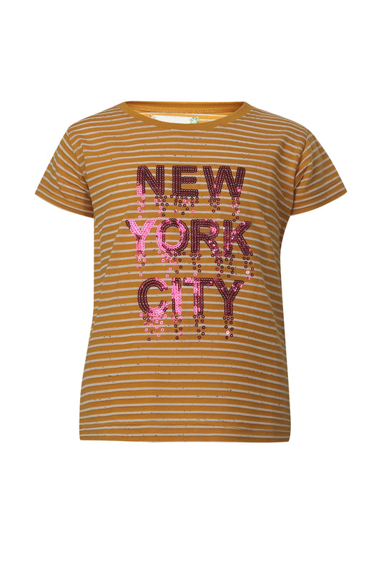 Pampolina Girls Sequined Printed Top -Mustard