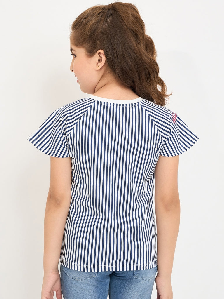Pampolina Girls Striped Printed Half Sleeve Round Neck Top - Navy