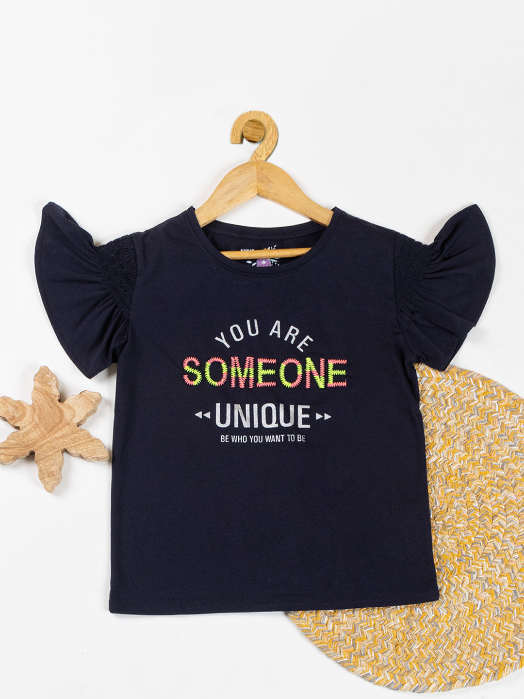 Pampolina Girls Embroidery Printed With Puff Sleeve Top-Navy