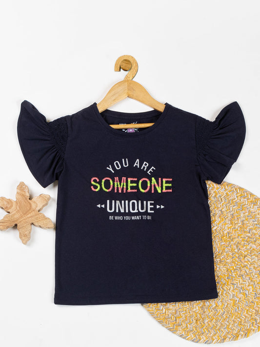 Pampolina Girls Embroidery Printed With Puff Sleeve Top-Navy
