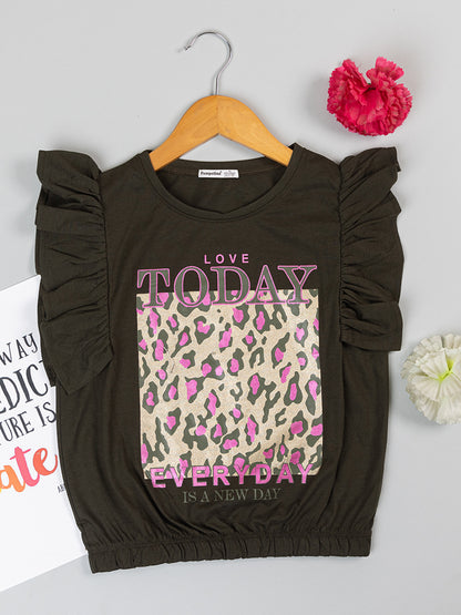 Pampolina Girls Printed Half Sleeve Top-Olive