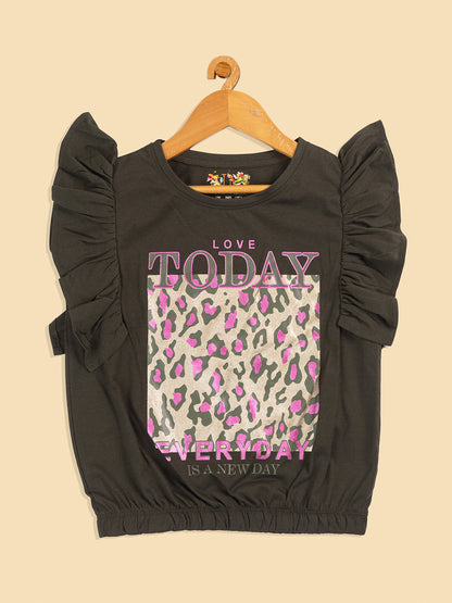 Pampolina Girls Printed Half Sleeve Top-Olive