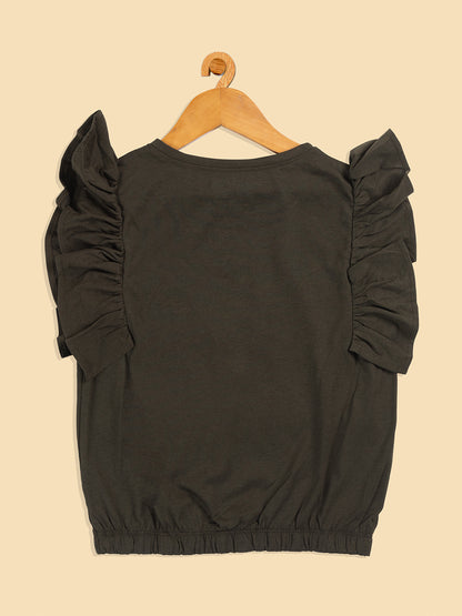 Pampolina Girls Printed Half Sleeve Top-Olive