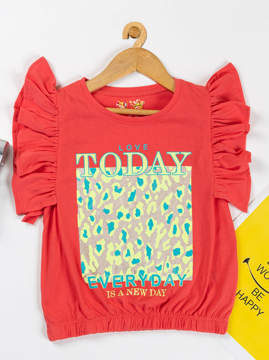 Pampolina Girls Printed Top With Puff Sleeve  & Waist Elastic-Coral