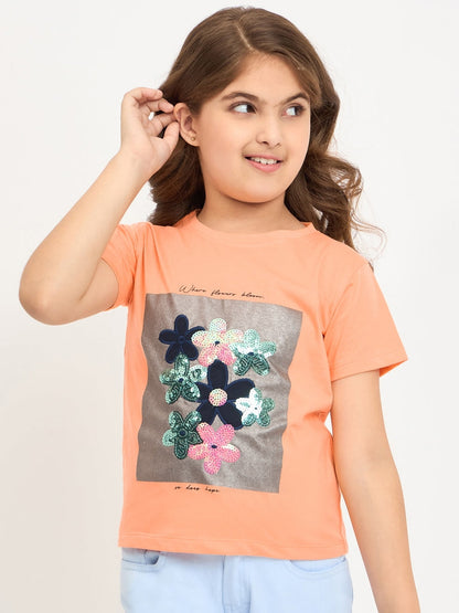 Pampolina Girls Floral Printed Half Sleeve Round Neck Top - Orange