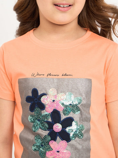 Pampolina Girls Floral Printed Half Sleeve Round Neck Top - Orange